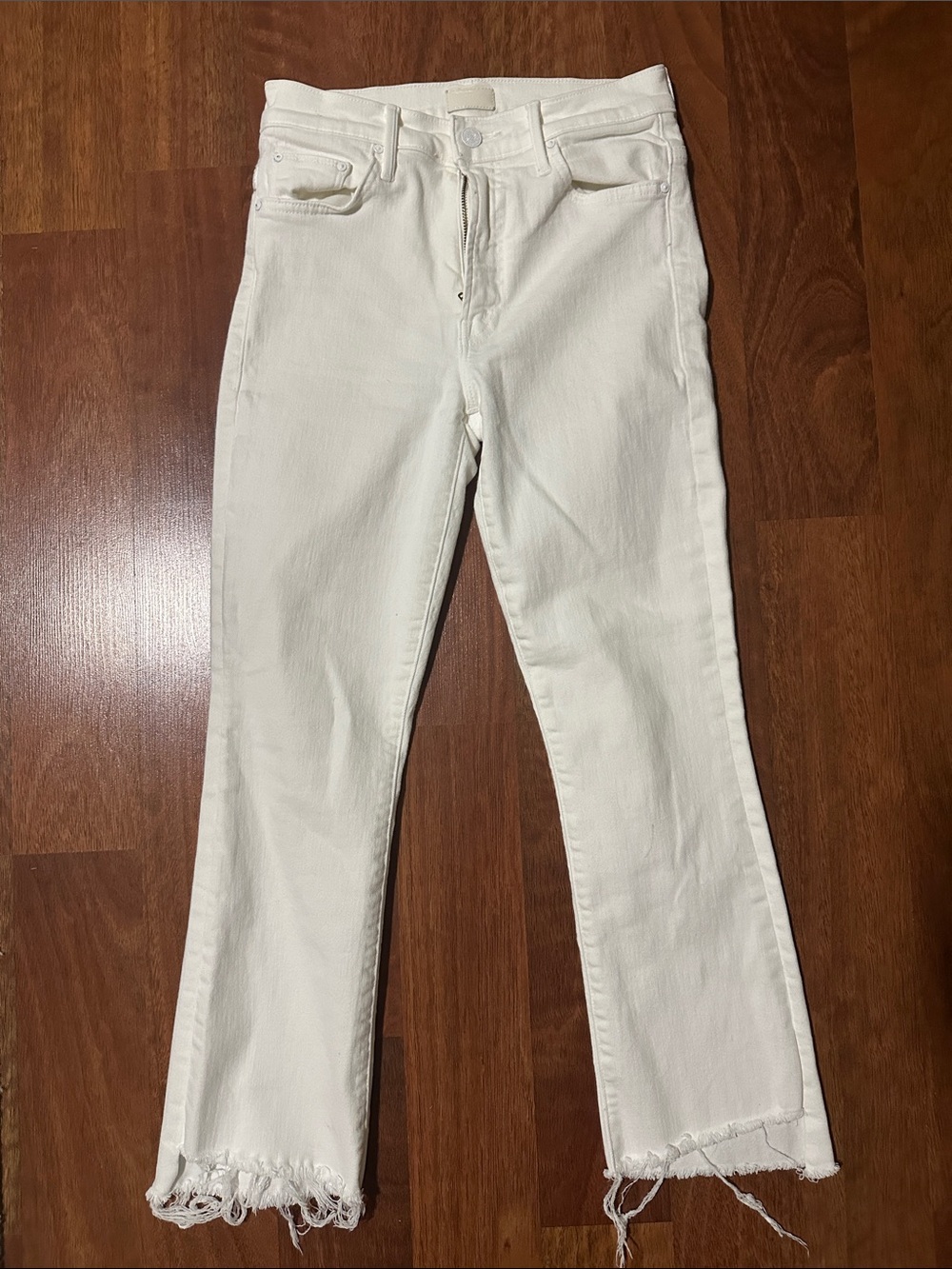 MOTHER White Frayed Hem Flare Jeans